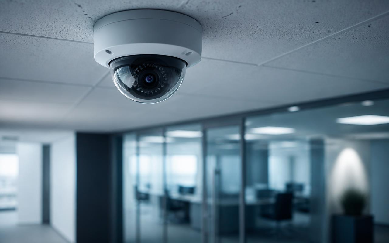Cámara de seguridad tipo domo instalada en el techo de una oficina corporativa