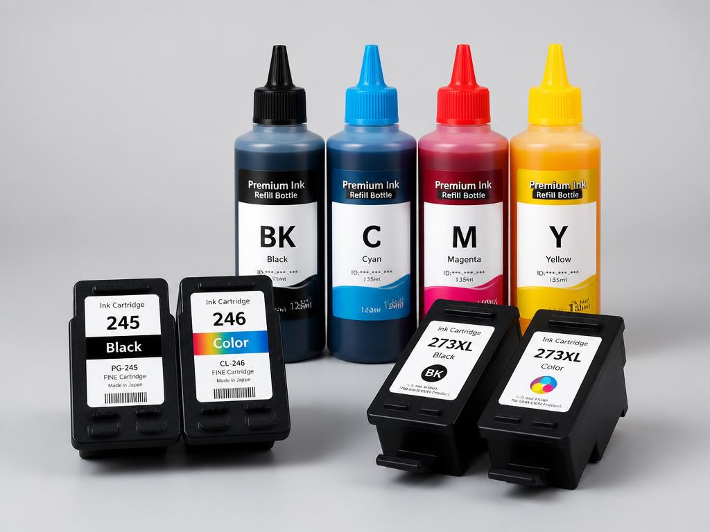 Cartuchos de tinta y botellas de tinta para impresora en color negro, cian, magenta y amarillo